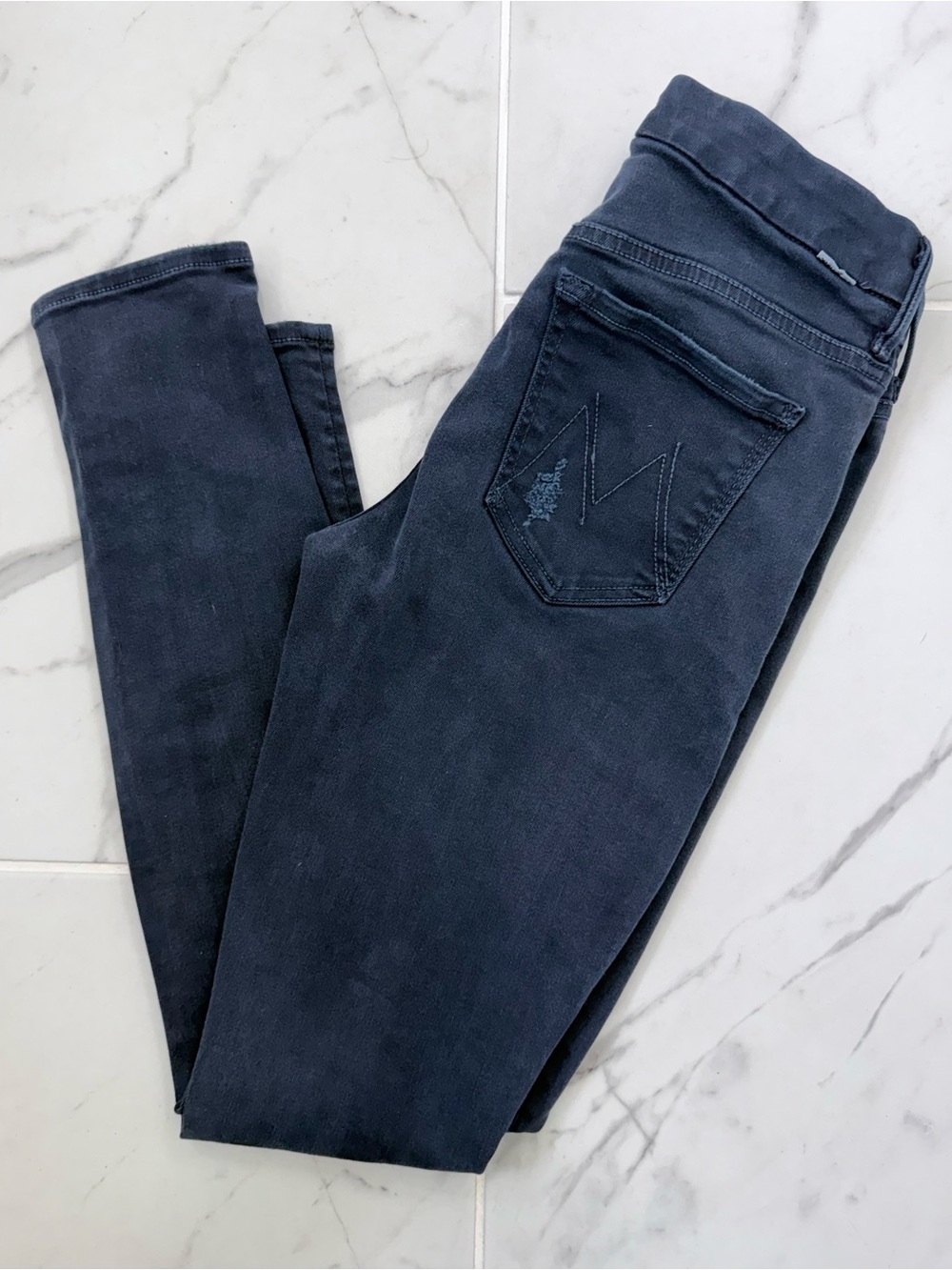 Mother Jeans Size 27 Dark Blue High Waisted Skinny Distressed Stretch Denim